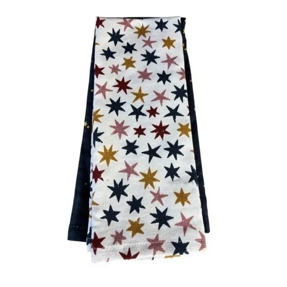 Midnight Forest Celestial Kitchen Towel Set Navy Gold & White Star Moon GIFT NEW